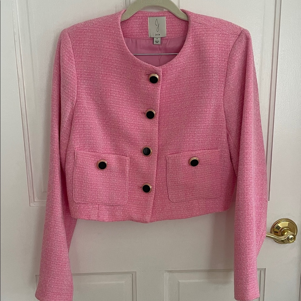 Joie Pink cropped Blazer with Black and gold button Accents size 4